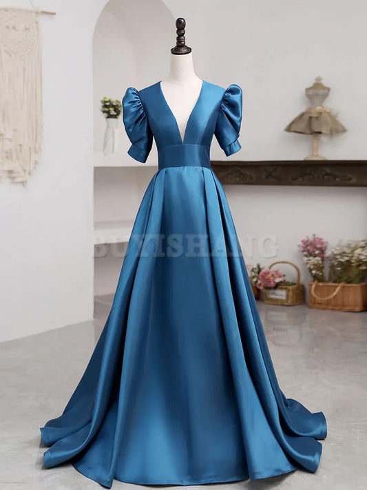 Buyishang A-Line V Neck Satin Long Prom Dresses Blue Satin Long Evening Dress prom dresses shops