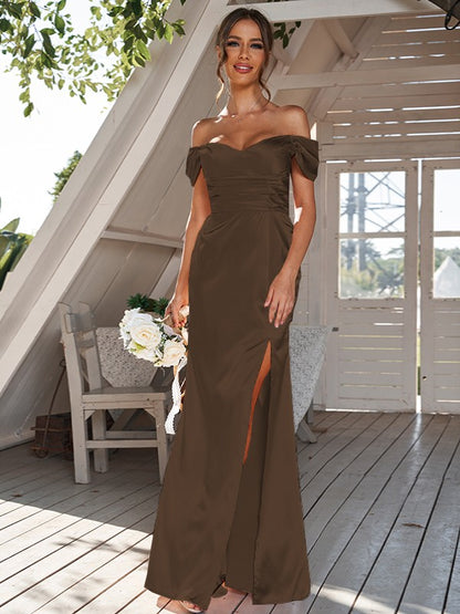 Sheath/Column Silk like Satin Ruched Off-the-Shoulder Sleeveless Floor-Length Bridesmaid Dresses