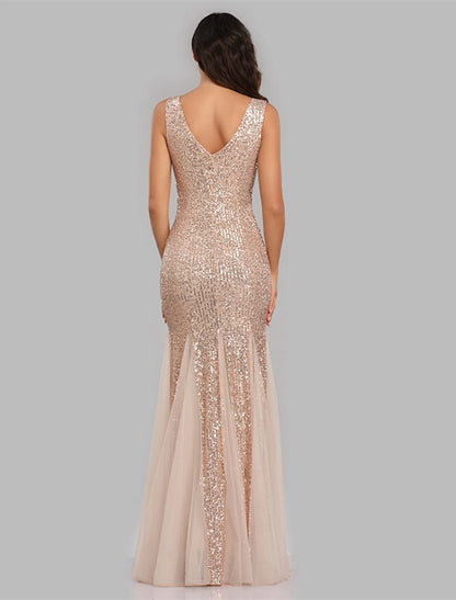 Mermaid / Trumpet Evening Gown Sparkle Dress Wedding Guest Party Wear Floor Length Sleeveless V Neck Sequined with Sequin