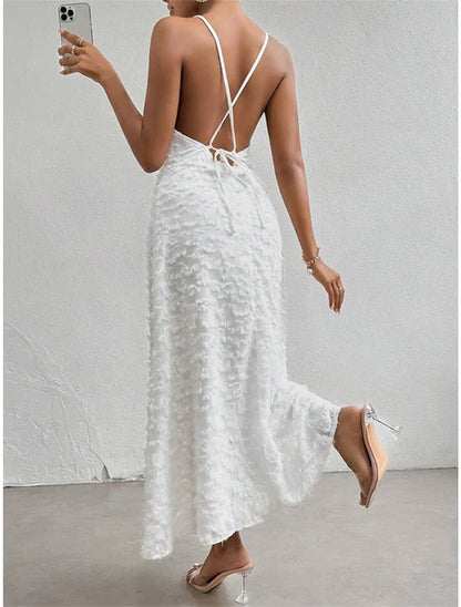 Weitese Women's Prom Dress Party Dress Feather Dress Long Dress Maxi Dress White Sleeveless Plain Backless Summer Spring Fall Spaghetti Strap Elegant Wedding Guest Birthday Evening Party