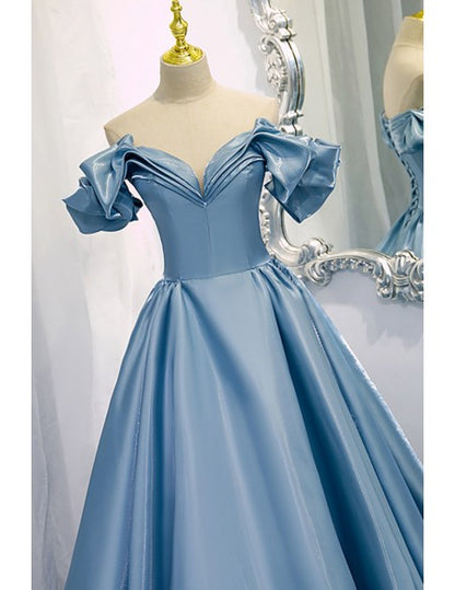 Gorgeous Off Shoulder Blue Long Prom Dress with Laceup