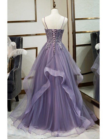 Beautiful Purple Ruffled Prom Dress with Appliques