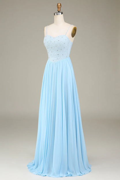 Sky Blue A-Line Spaghetti Straps Chiffon Long Bridesmaid Dress With Beading