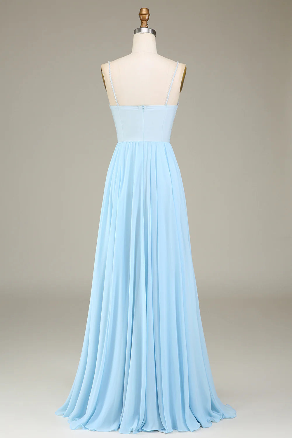 Sky Blue A-Line Spaghetti Straps Chiffon Long Bridesmaid Dress With Beading