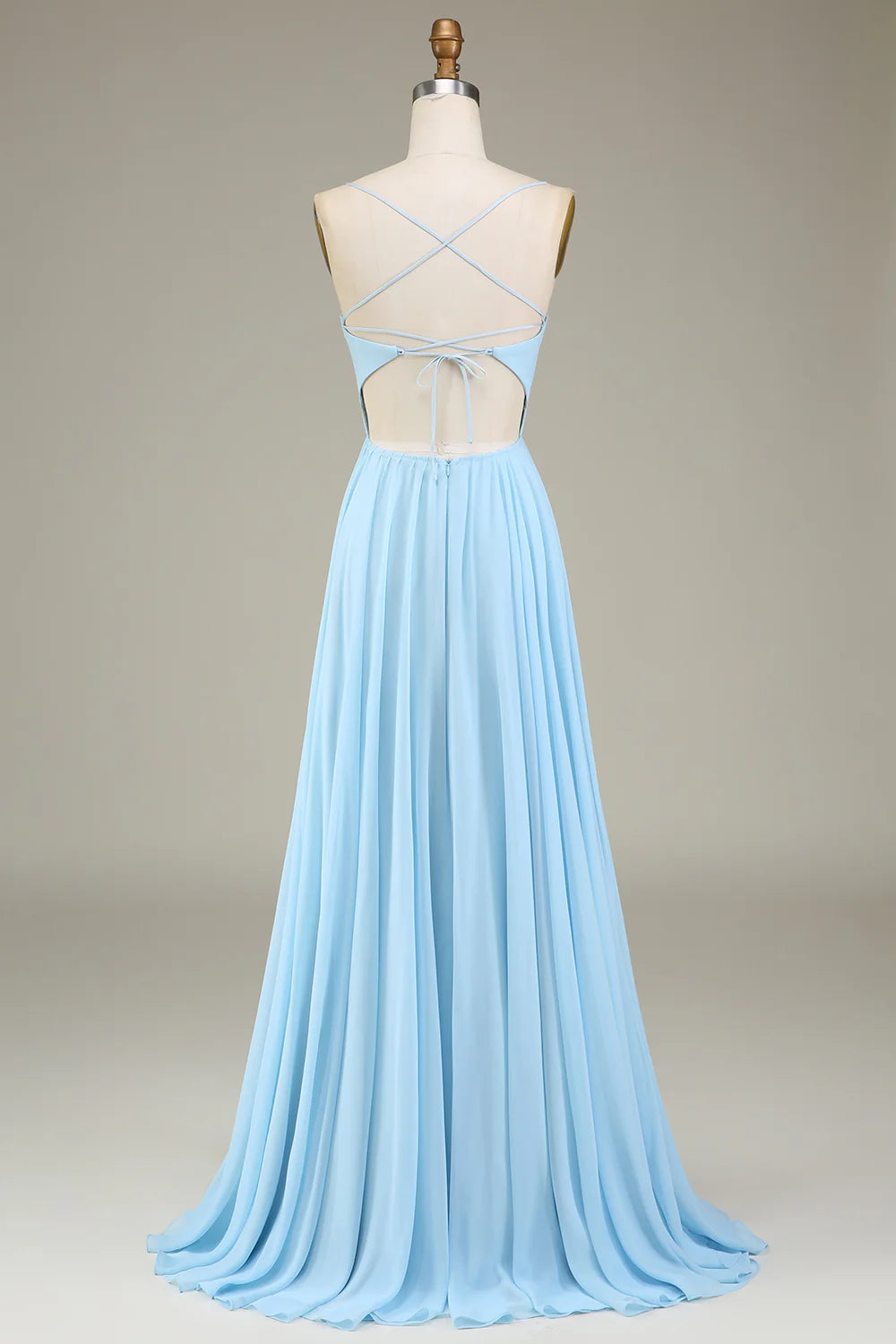 A-Line Spaghetti Straps Sky Blue Chiffon Long Bridesmaid Dress