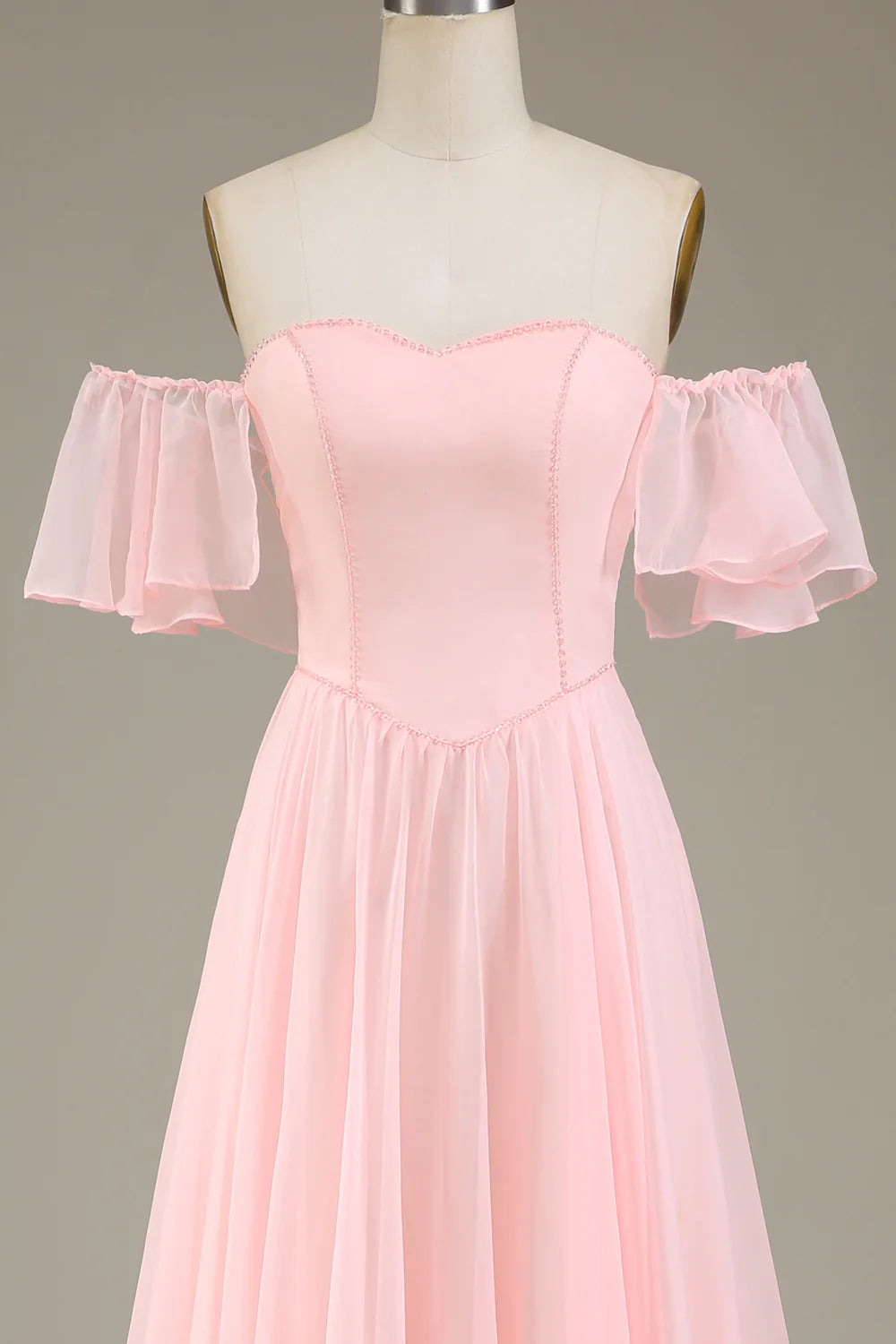 Blush Pink A-Line Off the Shoulder Chiffon Long Bridesmaid Dress