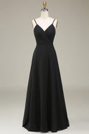 A-Line Spaghetti Straps Black Chiffon Long Bridesmaid Dress