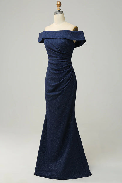 Navy Off The Shoulder Sparkly Sheath Long Bridesmaid Dress