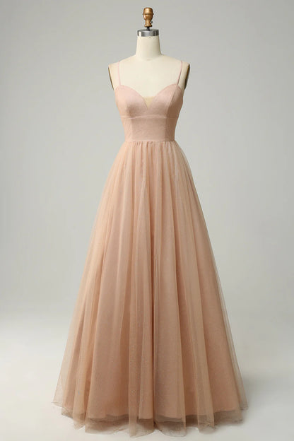 Champagne A Line Spaghetti Straps Bridesmaid Dress