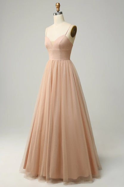 Champagne A Line Spaghetti Straps Bridesmaid Dress