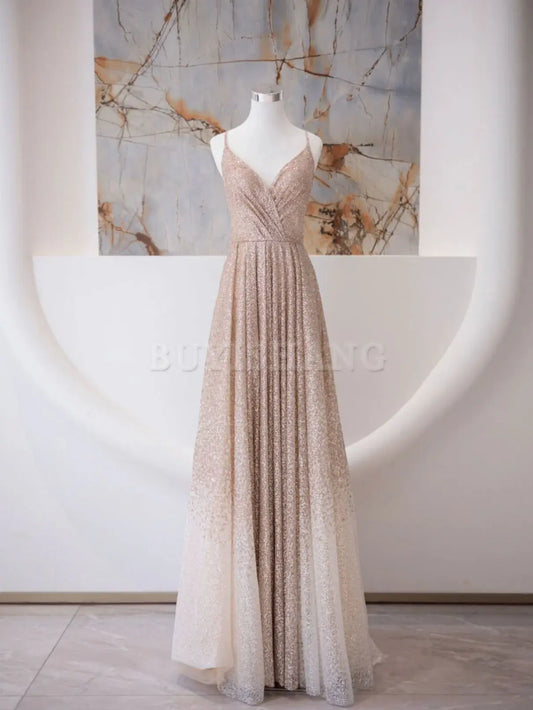 Buyishang A Line V Neck Champagne Long Prom Dresses Shiny Tulle Champagne Evening Dress prom dresses shops