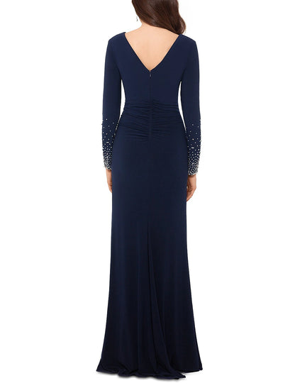 Sheath / Column Mother of the Bride Dress Elegant & Luxurious V Neck Floor Length Spandex Long Sleeve with Beading Split Front Ruching