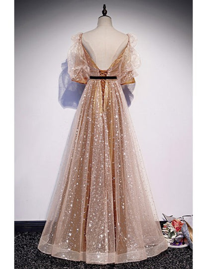 Elegant Champagne Gold Prom Dress with Sleeves Open Back