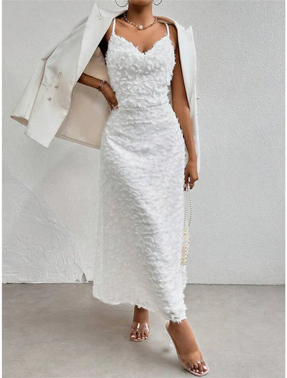 Weitese Women's Prom Dress Party Dress Feather Dress Long Dress Maxi Dress White Sleeveless Plain Backless Summer Spring Fall Spaghetti Strap Elegant Wedding Guest Birthday Evening Party