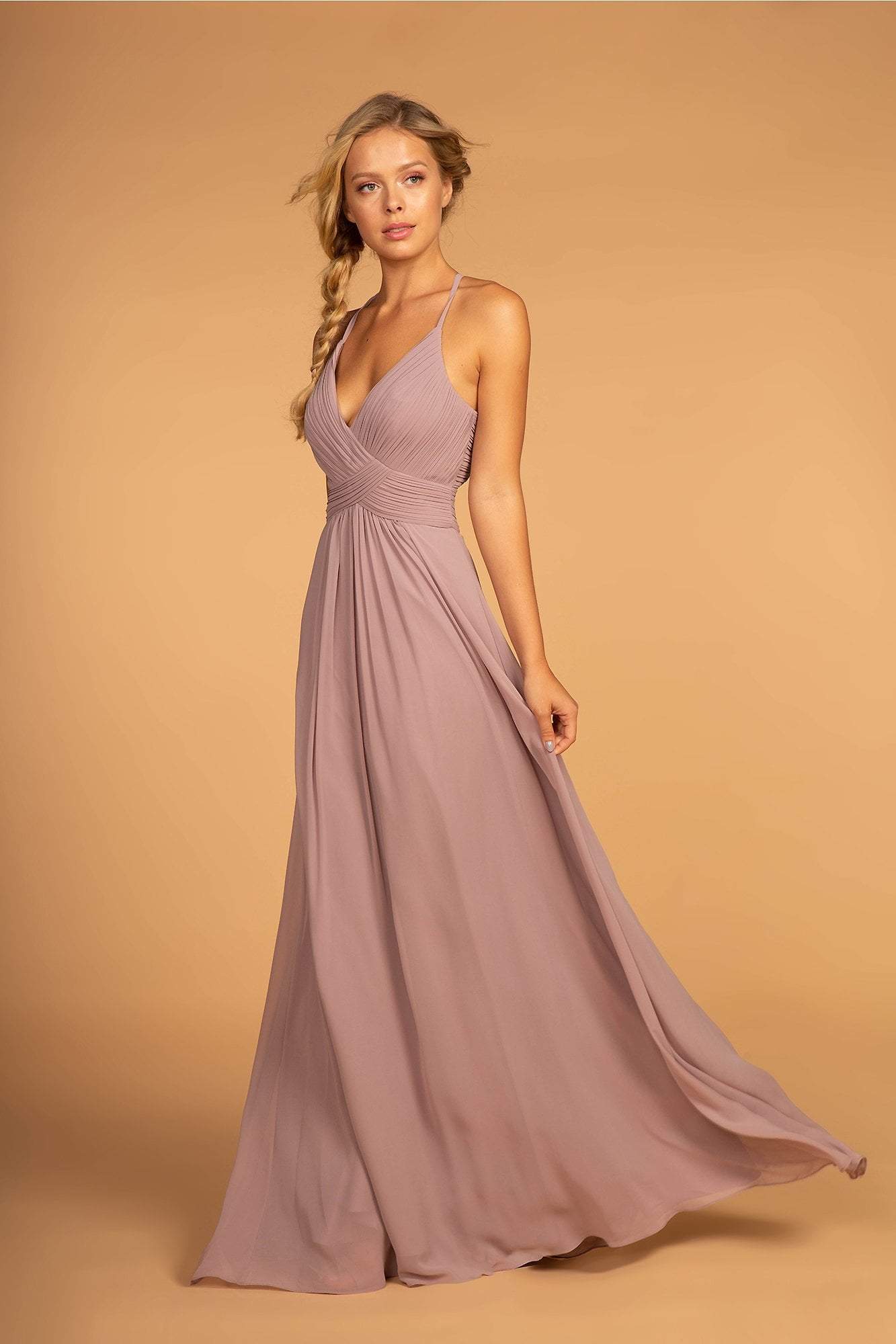 Plunging V-Neck Pleated Bodice A-Line Gown