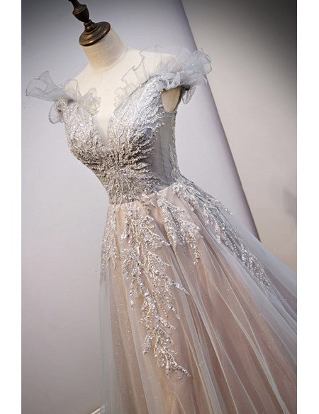 Stunning Grey Tulle Off Shoulder Prom Dress with Embroidered Sequins