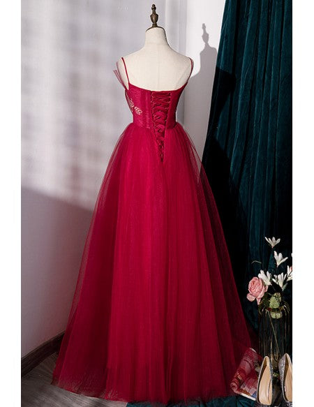 Burgundy Puffy Long Tulle Prom Dress with Spaghetti Straps