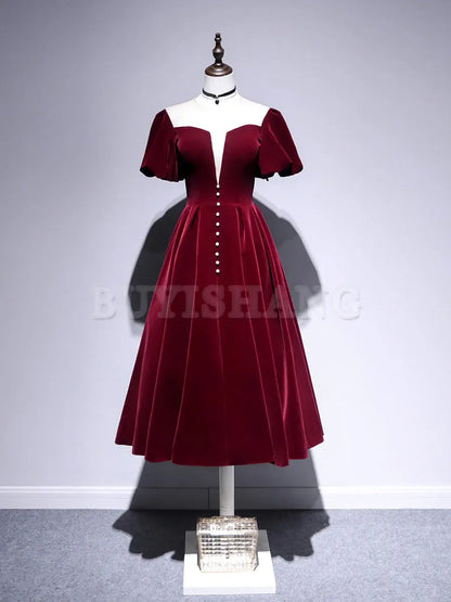 Buyishang A line Velvet Tea Length Prom Dresses Burgundy Velvet Bridesmaid Dresses Bridesmaid dress shop