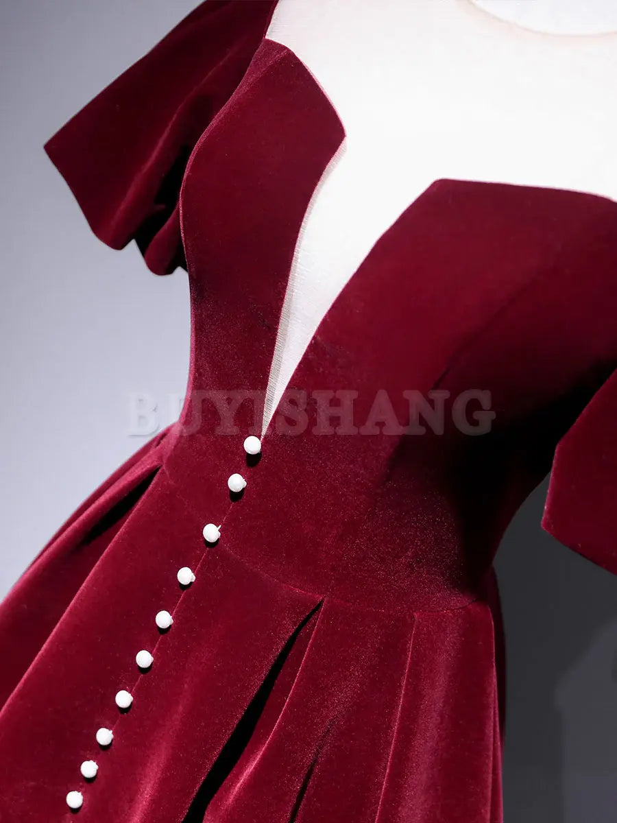 Buyishang A line Velvet Tea Length Prom Dresses Burgundy Velvet Bridesmaid Dresses Bridesmaid dress shop