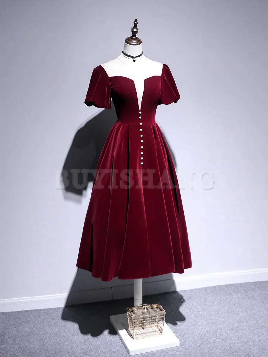 Buyishang A line Velvet Tea Length Prom Dresses Burgundy Velvet Bridesmaid Dresses Bridesmaid dress shop