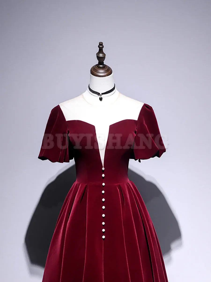 Buyishang A line Velvet Tea Length Prom Dresses Burgundy Velvet Bridesmaid Dresses Bridesmaid dress shop