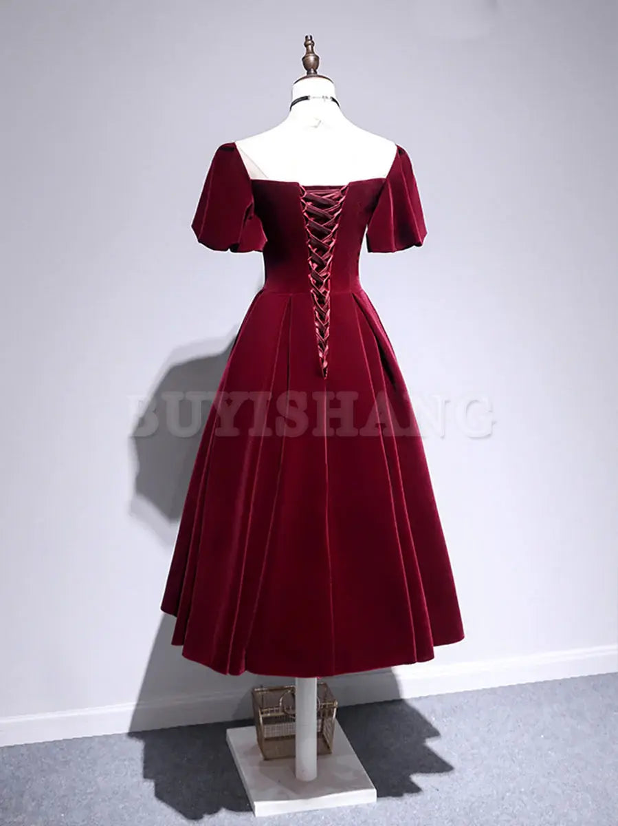 Buyishang A line Velvet Tea Length Prom Dresses Burgundy Velvet Bridesmaid Dresses Bridesmaid dress shop