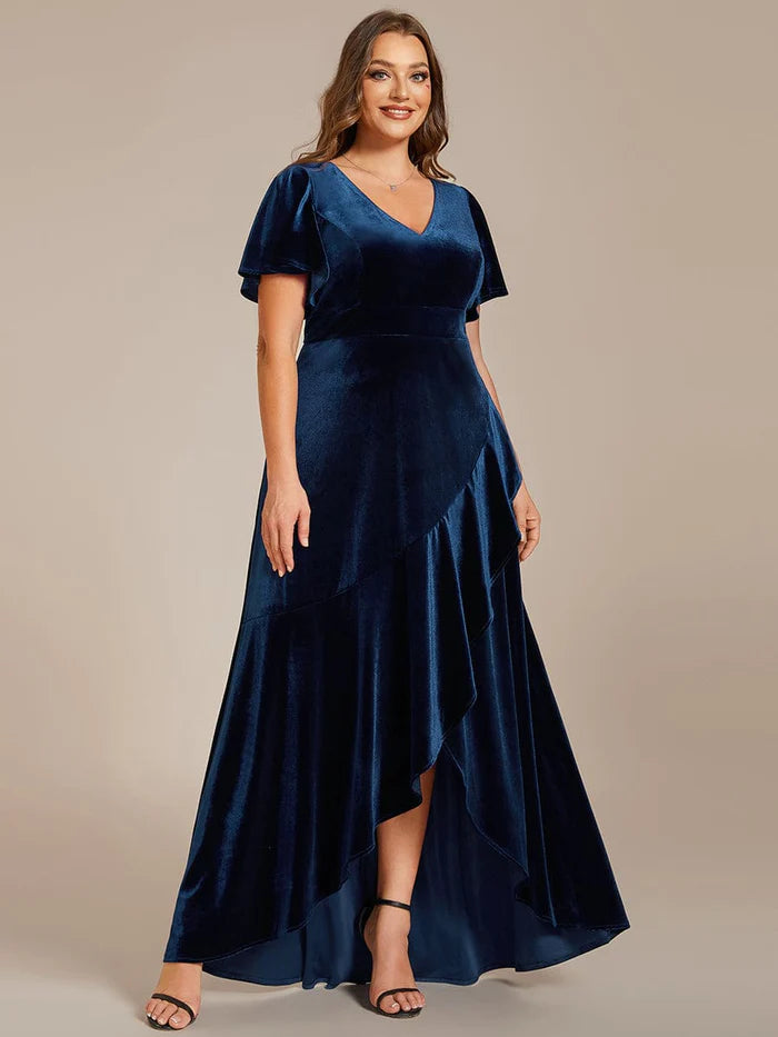 Double V-Neck Sleeves Stretchy Velvet Evening Dress with Lotus Leaf Hem