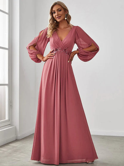 Elegant Chiffon V-Neckline Long Sleeve Formal Evening Dress