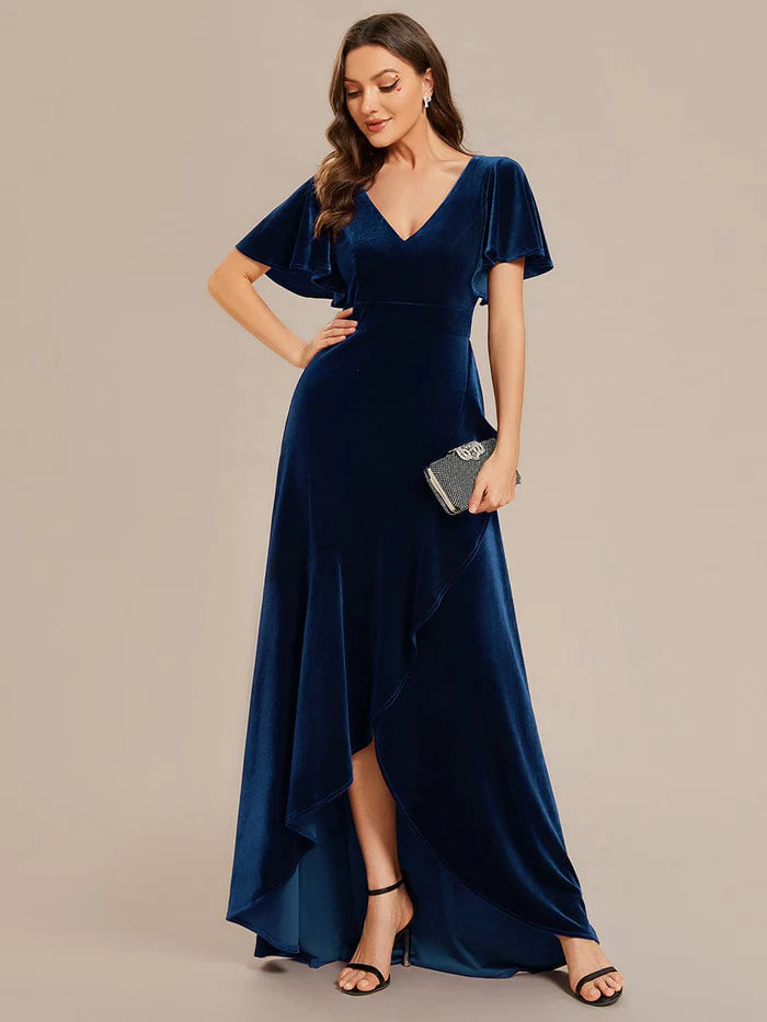 Double V-Neck Sleeves Stretchy Velvet Evening Dress with Lotus Leaf Hem