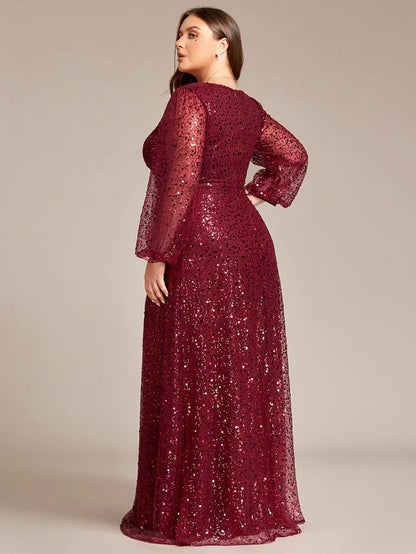 Shimmering All Over V-Neck Long Lantern Sleeve Sequin A-Line Evening Dress/Prom Dresses