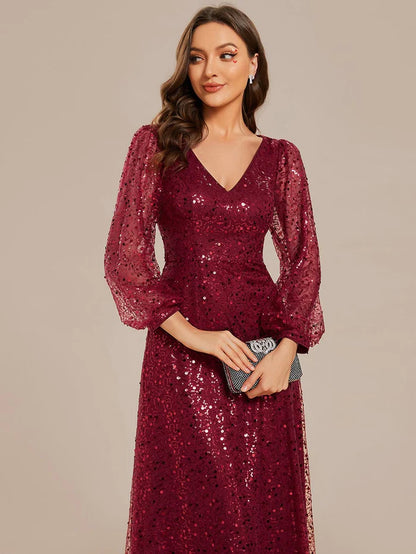 Shimmering All Over V-Neck Long Lantern Sleeve Sequin A-Line Evening Dress/Prom Dresses