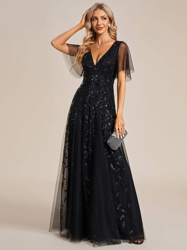 Shimmery V Neck Ruffle Sleeves Sequin Maxi Long Evening Dress