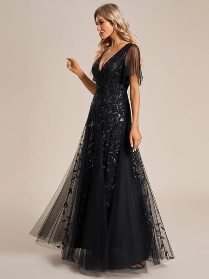 Shimmery V Neck Ruffle Sleeves Sequin Maxi Long Evening Dress/Prom Dresses