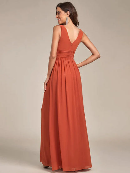 Sleeveless V-Neck Plain Chiffon Maxi Bridesmaid Dress