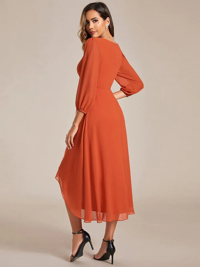 Long Sleeves Asymmetrical Hem A-Line Midi Wedding Guest Dress/Prom  Dresses