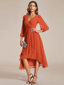 Long Sleeves Asymmetrical Hem A-Line Midi Wedding Guest Dress/Prom  Dresses