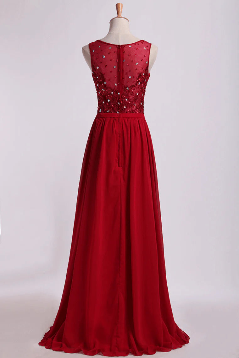 Bateau Party Dresses A Line Floor Length With Embroidery&Beads Chiffon&Tulle