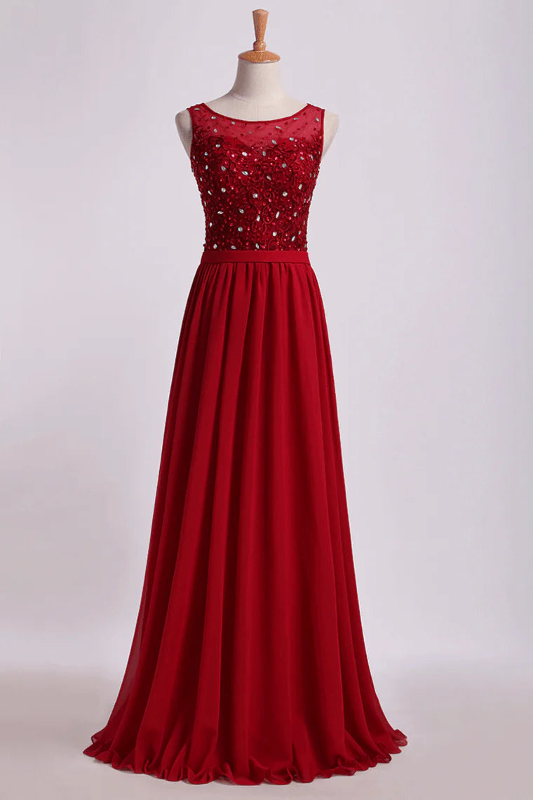 Bateau Party Dresses A Line Floor Length With Embroidery&Beads Chiffon&Tulle