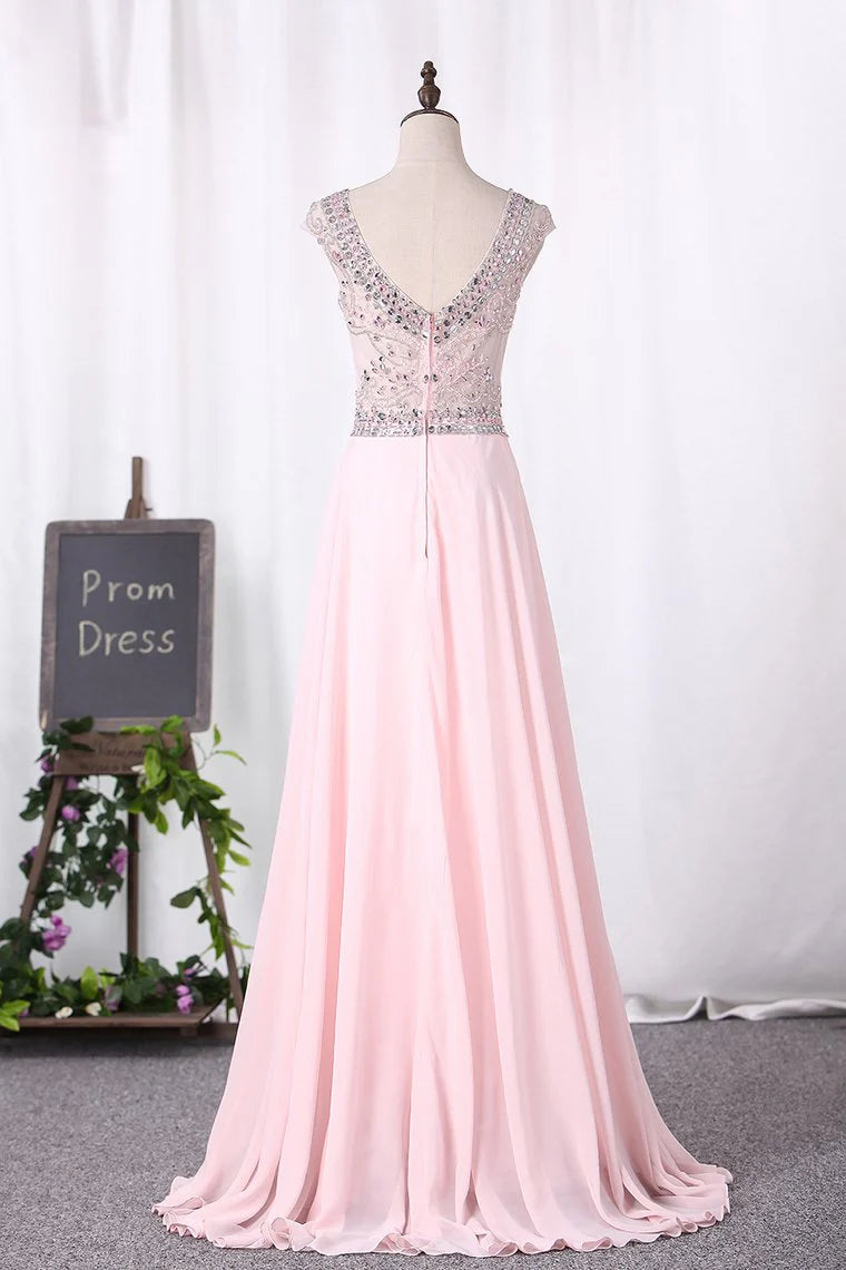 Beaded Bodice Party Dresses A Line Scoop Chiffon Floor Length