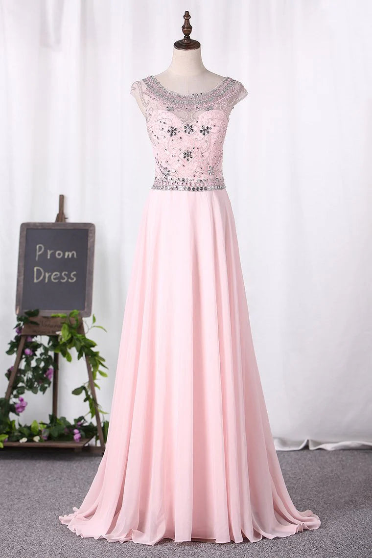 Beaded Bodice Party Dresses A Line Scoop Chiffon Floor Length