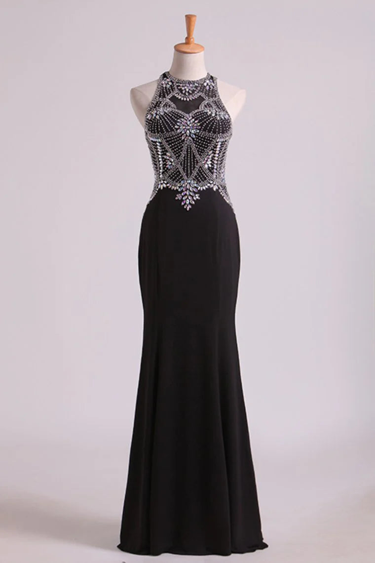 Party Dresses Scoop Beaded Bodice Floor Length Spandex Sheath