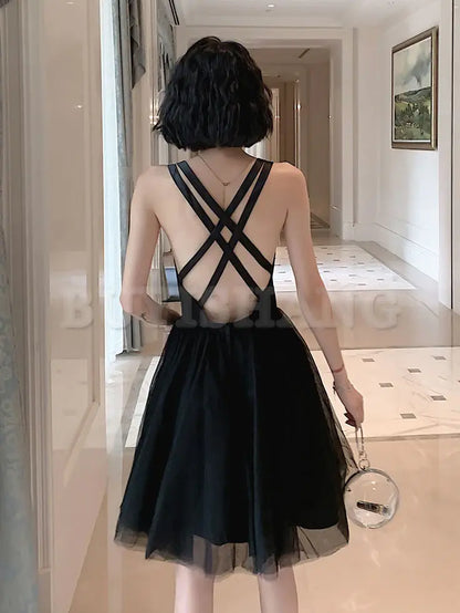 Buyishang Black Backless Tulle Short Prom Dress Black Homecoming Dresses prom dresses shops