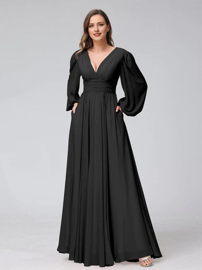 A-Line V-Neck Long Sleeves Long Chiffon Bridesmaid Dresses With Split