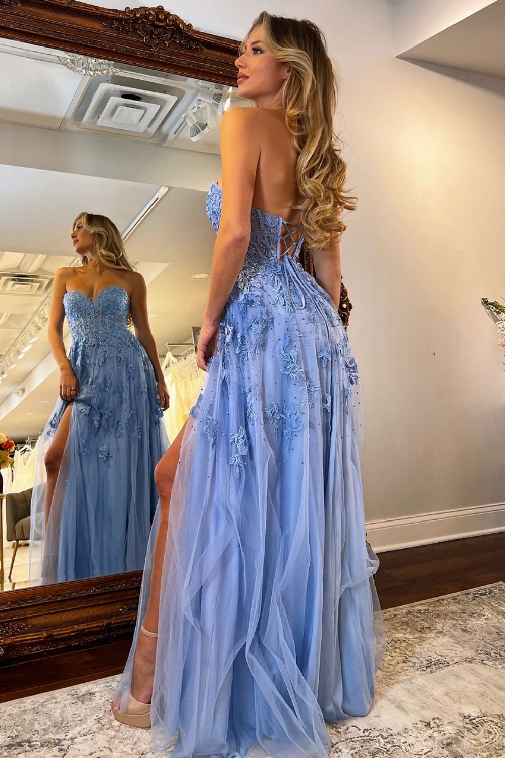 A Line Blue Sweetheart Lace Up Long Tulle Prom Dress with Appliques