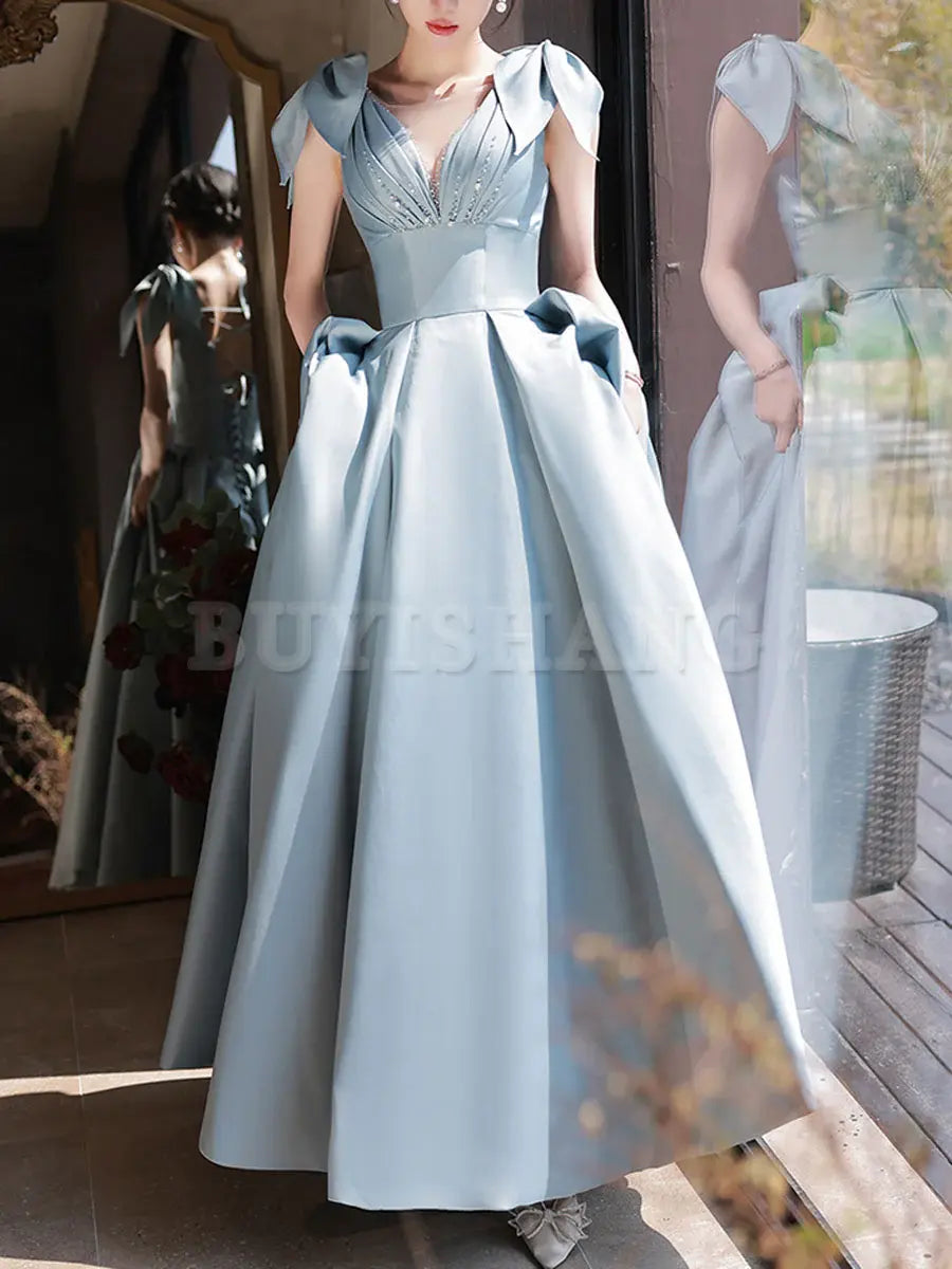 Buyishang Blue V Neck Satin Long Prom Dress Blue Satin Evening Dresses prom dresses shops