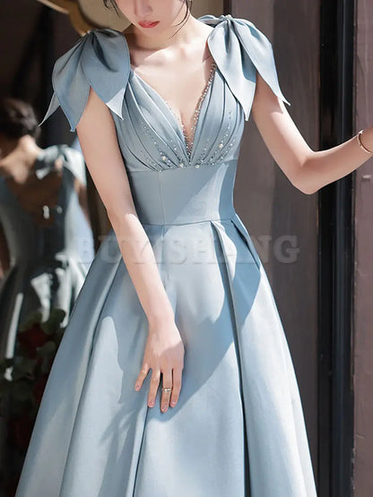 Buyishang Blue V Neck Satin Long Prom Dress Blue Satin Evening Dresses prom dresses shops