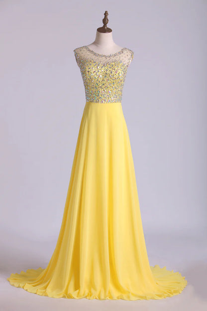 Party Dress Scoop Beaded Tulle Bodice Backless Chiffon With Sweep Train