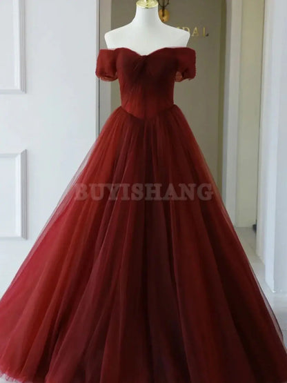 Buyishang Burgundy A line Tulle Long Prom Dresses Burgundy Long Bridesmaid Dresses prom dress in store