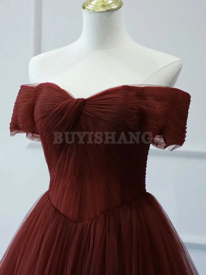 Buyishang Burgundy A line Tulle Long Prom Dresses Burgundy Long Bridesmaid Dresses prom dress in store