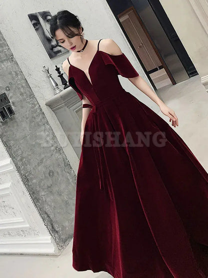 Buyishang Burgundy Off Shoulder Velvet Long Prom Dress Burgundy Formal Evening Dresses Bridesmaid dress shop